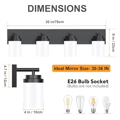 Image of IZORRO Bathroom Vanity Light Fixture, 4-Light 30 Inch Matte Black Bathroom Light Fixtures Over Mirror, with White Glass Shade, Modern Farmhouse Vanity Lights, Rustic Restroom Lighting Fixtures