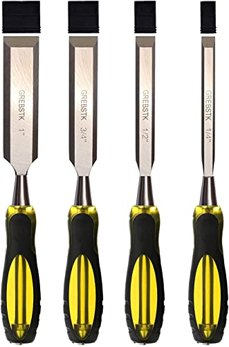 GREBSTK 4 Piece Professional Wood Chisel Tool Sets Sturdy Chrome Vanadium Steel Chisel Woodworking Tools, 1/4 inch,1/2 inch,3/4 inch,1 inch