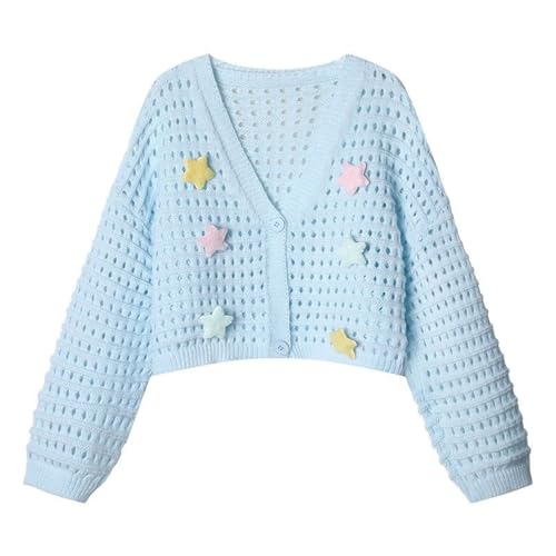FindThy Women’s Crop Cardigan Sweater Cute V-Neck 3D Star Long Sleeve Hollow Out Button Up Knit Outerwear Tops