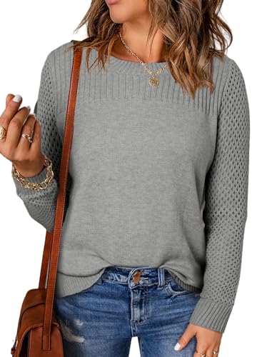 EVALESS Womens Sweaters Casual Long Sleeve Crewneck Cable Knit Lightweight Oversized Crochet Sweater Pullover Tops