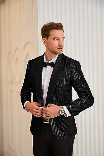 GRACE KARIN Mens Shiny Sequin Blazer One Button Suit Jacket Shawl Lapel Tuxedo Party Dinner Prom2