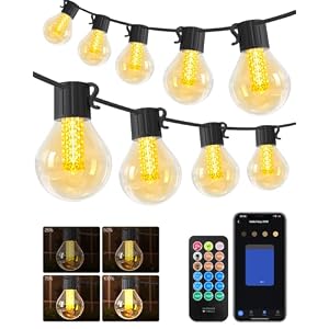 15M Smart Outdoor String Lights – App Remote Control Dimmable Garden Festoon Lights, 25LED G40 Bulbs Timer Waterproof Mains Powered Lights Connectable to 30M for Porch Backyard Patio Party Lighting