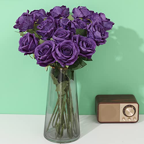 Cloudecor 15Pcs Artificial Roses Velet Real Touch Single Stem Fake Roses Silk Realistic Bouquet Flowers Arrangements Home Office Garden Grave Party Wedding Decoration(Pure Purple-15P, Blossom Roses) #TOP2