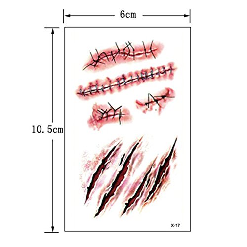 Kipetto 20 Sheets Halloween Body Face Scar Realistic Temporary Tattoos Stickers Horror Realistic Waterproof Fake Bloody Wound Stitch Stickers Makeup For Halloween Party Cosplay thumb #6