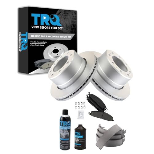 Image of TRQ Rear Brake Pad & Rotor Kit, with Chemical Kit Parking Brake Shoe Set Ceramic Premium G-Coated Compatible with 2009-2010 Dodge Ram 2500, 3500 2011-2018 Ram 2500 3500