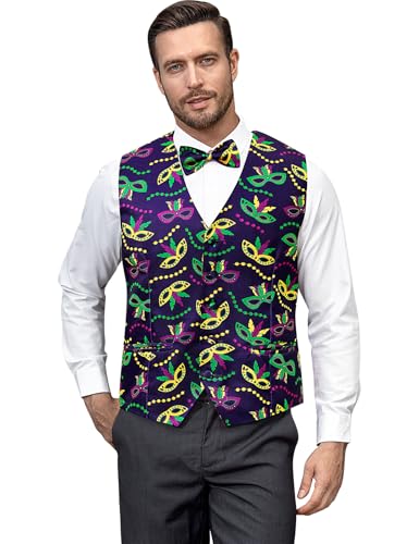 LINOCOUTON Men's Mardi Gras Suit Vest with Bow Tie4