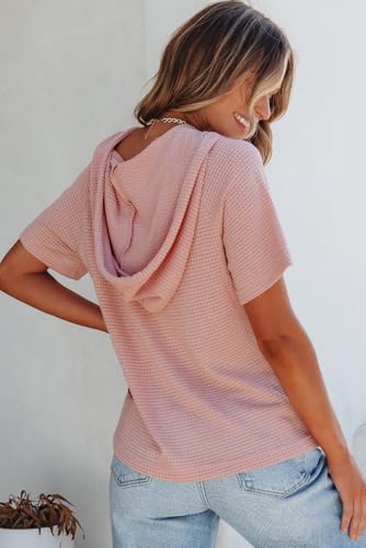 Image of Dokotoo Womens Summer Tops Waffle Knit Short Sleeve Lightweight Drawstring Hoodies Button V Neck Casual Blouses Shirts