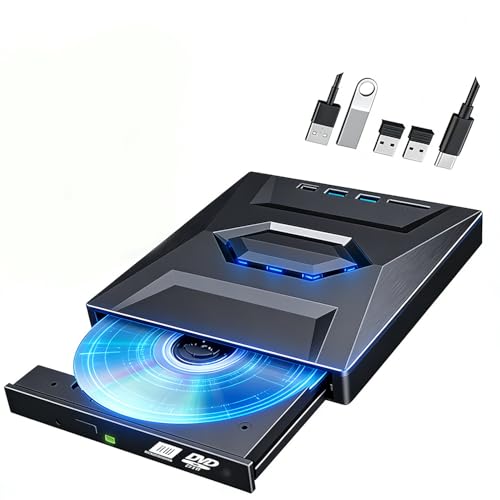 7-in-1 External USB DVD Drive & Blu-ray Player, USB 3.0 & Type-C Optical Drive, CD/DVD Burner Writer Reader, SD/TF Card Reader, Portable Slim External Disc Drive for Laptop PC Mac Windows