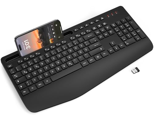 Tastatur Kabellos mit Handballenauflage, Ergonomische Tastatur in Voller Größe mit Telefonhalter, Schlafmodus, 18 Multimedia-Tasten, Leise 2,4 GHz Funktastatur für Mac, Windows, Computer, Laptop, PC Tastatur Kabellos mit Handballenauflage, Ergonomische Tastatur in Voller Größe mit Telefonhalter, Schlafmodus, 18 Multimedia-Tasten, Leise 2,4 GHz Funktastatur für Mac, Windows, Computer, Laptop, PC