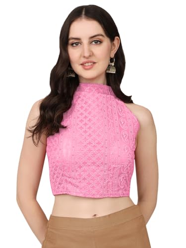 Image of Pujia Mills Women's Halter Neck Chickenkari Work Readymade Saree Blouse