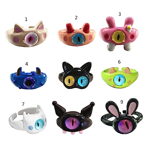 9pcs Y2K Cartoon Little Monsters Eyeball Ring Funny Resin Open Finger Ring Cute Couple Knuckle Ring Party Jewelry
