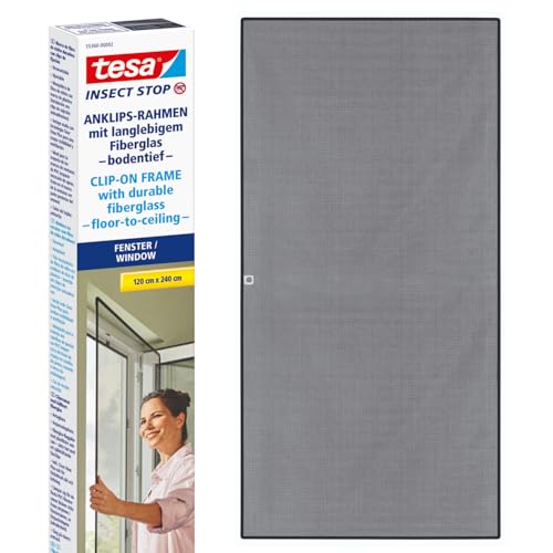 tesa Insect Stop Clip On - Fliegengitter zum Einklicken in bodentiefe PVC-Fenster - zuschneidbarer Rahmen, Netz aus langlebigem Fiberglas, Selbstklebende Halte-Klips - 1,2 x 2,4 m - Anthrazit