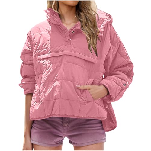 Keepink Hoodies for Women UK Sale Casual Loose Quilted Fit Puffer Jacket Long Sleeve V Neck Button Pullover Tops Cropped Hooded Coat Sweatshirt Winter Warm Outerwear S-XXL
