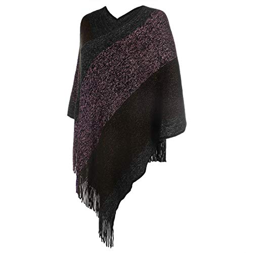 Image of Women's Elegant Knitted Shawl Poncho with Fringed V-Neck Striped Sweater Pullover Cape Gifts for Women Mom
