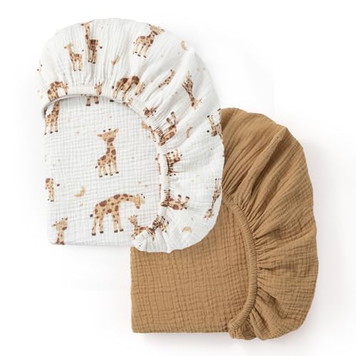 Image of david's kids Muslin Mini Crib Sheets, 2 Pack Cotton Pack N Play Sheets for Boys Girls Neutral, Soft Breathable Baby Sheets Fit Pack N Play, Playard and Mini Crib Mattresses, Giraffe