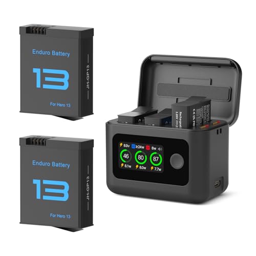 JIMOVA 2 Pack Battery and Charger for GoPro Hero 13 2100mAh Enduro Hero 13 Replacement Battery and Intelligent Two Way Charger Hub Triple Slot PD Fast Charging Case for Hero 13 Acessories