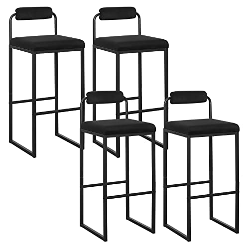 WOLTU Lot de 4 Tabourets de Bar, Chaises de Bar Hautes avec Dossier et Repose-Pieds, Design Moderne, en Velours et Métal Hauteur du Siège 75cm, Noir BH343sz-4