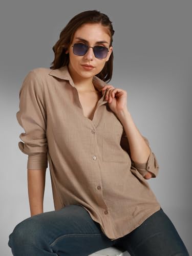 Image of High Star Women's Classic Oversized Spread Collar Long Sleeves Cotton Casual Shirt