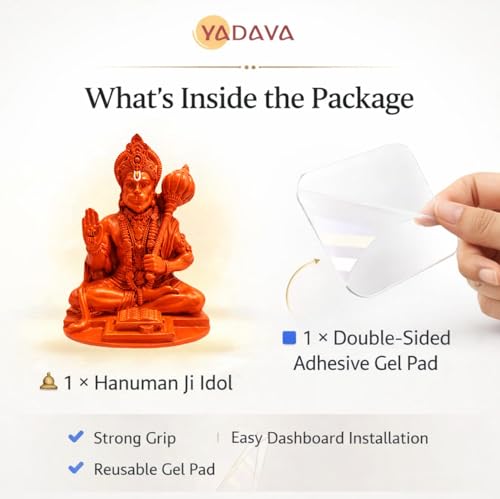 Image of Yadava Orange Hanuman Ji Idol with Double Sided Adhesive Sticker for Home Temple & Car Dashboard | Hanuman Murti with Gada | Powerful Hanuman Statue for Strength, Courage & Protection (Orange)
