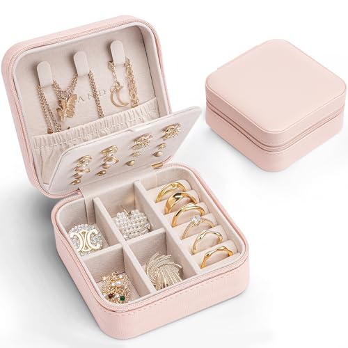 Vlando Travel Jewelry Case with 16 Earring Plates,Small Travel Jewelry Organizer Box,Portable Display Storage Box For Rings Earrings Necklaces,Gift for Girls Women,Pink