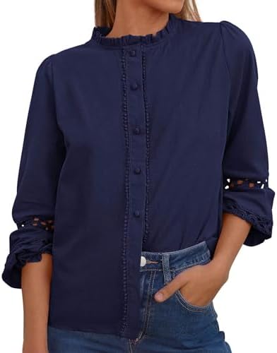 KIRUNDO Going Out Tops for Women Boho Cotton Eyelet Long Sleeve Button Up Shirt 2025 Fall Fashion Lace Dressy Casual Blouses