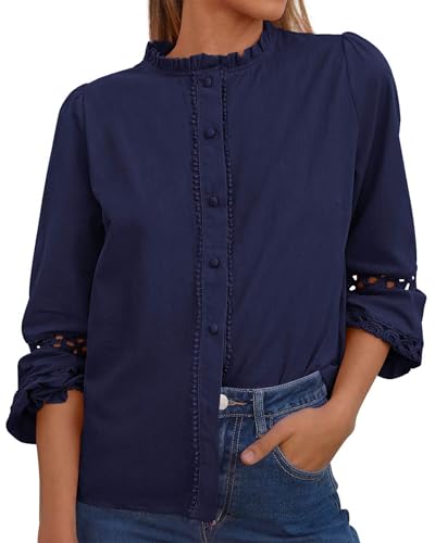 KIRUNDO Going Out Tops for Women Boho Cotton Eyelet Long Sleeve Button Up Shirt 2025 Fall Fashion Lace Dressy Casual Blouses