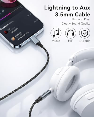 Aux to Lightning Cable 3.3FT/1M,[MFi Certified] Aux Cable for iPhone in Car,Audio Stereo Lightning to 3.5mm Headphone Jack Cord Jack Lead Compatible with iPhone 14 Pro Max 13 12 11 XR iPad Pro 11 Mini