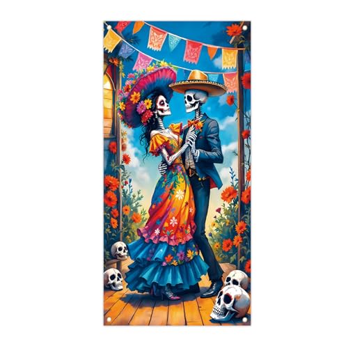Hintergrund für Tag der Toten Skelett-Paar Zuckerschädel Fiesta-Hintergrund für Día de los Muertos mexikanische Party-Dekorationen Halloween-Fotoautomaten-Requisiten (180 x 90 cm)