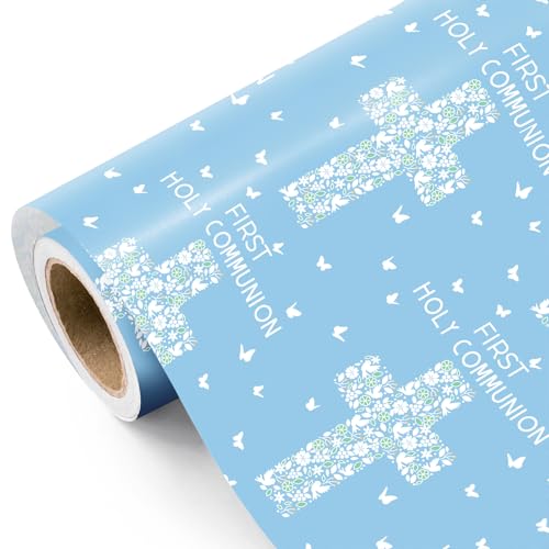 WRAPAHOLIC Cross Wrapping Paper Roll - 17 Inch x 16.5 Feet - Blue Floral Cross and First Holy Communion Wrapping Paper Perfect for First Communion Baptism Confirmation Easter Spring