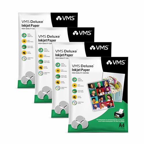 Image of VMS Deluxe 180 GSM A4 Glossy Photo Paper - Water Resistant , Pack of 4 x 20 sheets , Compatible with all Inkjet Printers