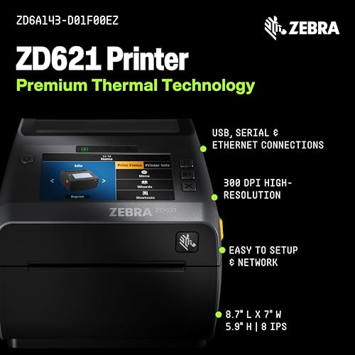 Image of Zebra ZD621 Thermal Shipping Label Printer | Color Touch LCD | 4x6 | No Ink