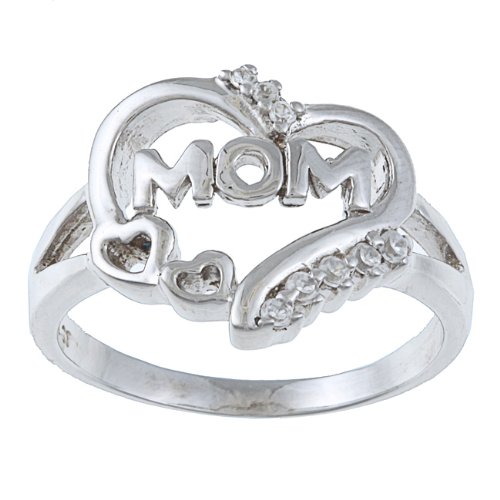 Sterling Silver CZ "Mom" Heart Ring for Mother's Day. Available in sizes 6 through 9 (6)