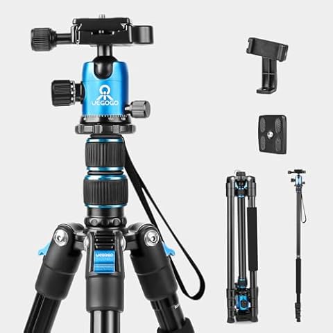 77 inch Camera Tripod Monopod for DSLR, Phone with 360° Panoramic Ball Head Detachable,2 QR Plate, Compact Foldable Aluminum Lightweight Travel Tripod, Bag Included for Camera, Phone(Blue) Cover