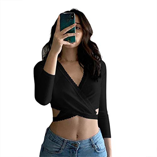 M9ppzzur7 Crop Top décontracté pour femme, t-shirt élégant chic sexy à manches longues, col en V / cœur, couleur unie, haut pour décontracté, S-XL, B-Noir, Medium Cover