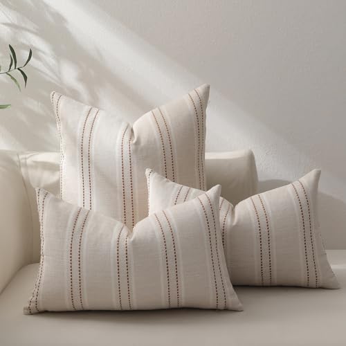 Image of Hckot Fall Throw Pillow Covers 12x20 Set of 2 Striped Pillow Covers Textured Linen Decorative Pillows Square Cushion Covers for Sofa Couch Bed Living Room Farmhouse Decor(Caramel)