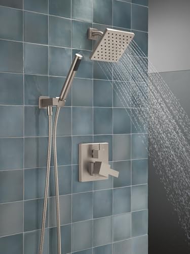 Image of Delta Modern Square Shower System Faucet Set, Brushed Nickel 6.5-inch Shower Head and Handle Set, Valve Trim Kit, Spotshield Stainless T342703-SP (Valve Not Included)