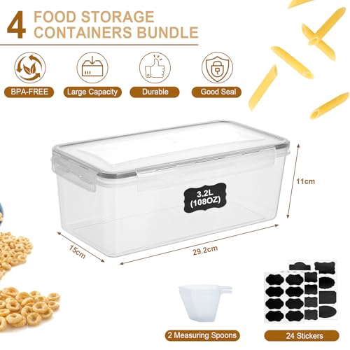 Cozary 3.2L Vorratsdosen mit Deckel Luftdicht 4er Set, BPA Frei Aufbewahrungsbox Küche,Spaghetti Aufbewahrung Pasta Vorratsbehälter für Nudeln Müsli Cornflakes mit Etiketten Messlöffel