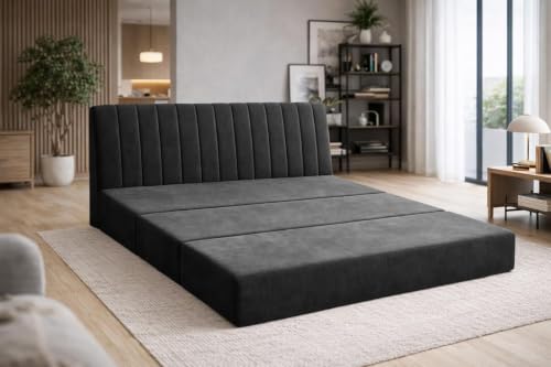 Image of 3-Seater Foldable Sofa Bed with Adjustable Backrest, Modern Velvet Fabric Folding Couch for Living Room, Guest Room & Small Spaces-Black