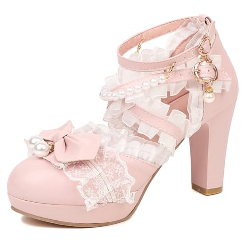 Parisuit Womens Cute Kawaii Mary Jane Pearl Bow Lolita Cosplay Shoes Lace Heels Chunky Platform Pumps with Ankle Strap Round Toe Dress Shoes