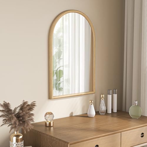 Image of 20 inchx30 inch Arch Wall Mirror for Wall, Wall Mounted Vanity Mirror for Bedroom, Wood Grain Finish Frame Mirror with Tempered Glass, Vintage Decorative for Bathroom, Entryway, Living Room, Natural