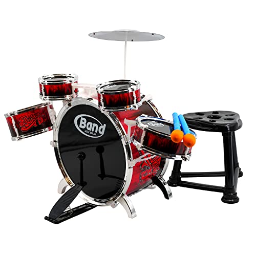 The Magic Toy Shop Kids Drum Kit - Red & Black Junior Jazz Percussion Set with Stool Pedal Sticks 5 Drums 1 Cymbal - Beginner Musical Instruments for Boys & Girls 3+