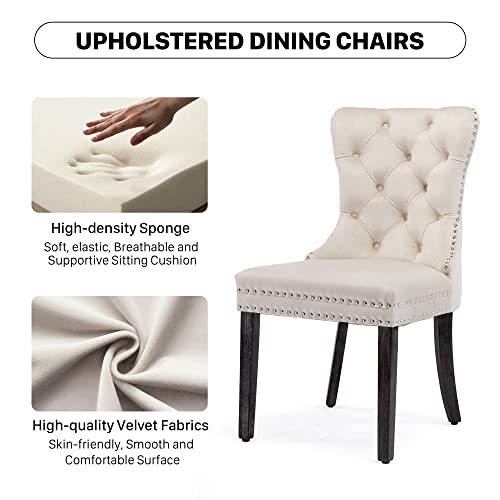 Goolon Velvet Dining Chair Set Of 6 Upholstered Wingback Tufted Chairs For Dining Room With Nailhead Rivet Trim Design Pull Ring On Backrest Wood Legs For Kitchen Dining Room Beige #TOP2