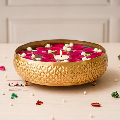 Image of eCraftIndia Floral Designer Golden Brass Urli Bowl for Home Decoration Office Tv Unit Kitchen Showpiece for Good Luck | Urli for Living Room Diwali Gift