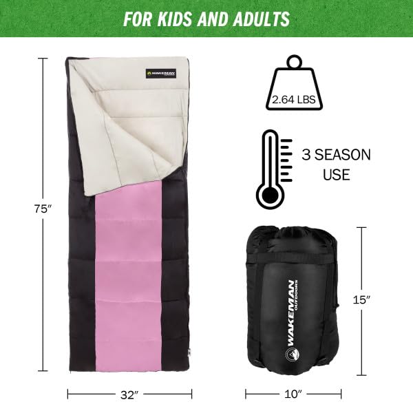 Sleeping Bag - Bolsa de dormir para 3 estaciones cálida y fresca para adultos, adolescentes y niños - Ligera y compacta para primavera, verano y otoño de Wakeman (Rosa) miniatura 7