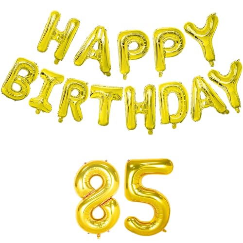 Image of Flyloons 85th Golden Colour Happy Birthday Foil Balloon Banner Set for 85 Year Old Men Women | with Number Eighty-five | 13 Letters Reusable Happy Birthday Metallic Foil Balloons Decoration Kit