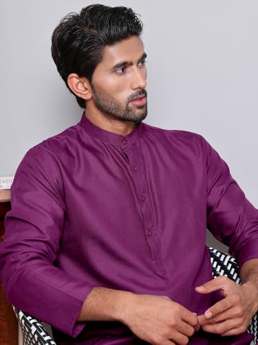 Image of Amazon Brand - Tavasya Men Casual Collared Festive Kurta | Cotton Blend | Solid | Knee Length | Regular Fit (Available in Plus+ Sizes)