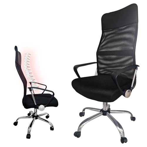 MAKA Sedia Ufficio Ergonomica, Sedia Scrivania Cameretta, Altezza Seduta Min-Max 46-58cm | Schienale Alto 70cm | Rete Traspirante | Sedia Ufficio Ergonomica Lombare Nera, Poggiatesta in Eco Pelle
