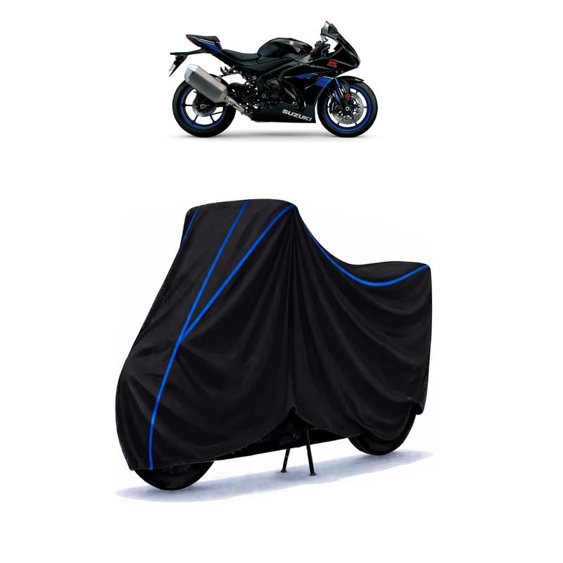 Image of Suzuki GSX R1000 Bike Cover Water Resistant Universal Motorcycle Rain | Heavy Duty UV Protection, Dust, Scratch Indoor Outdoor All Weather with Black Blue Piping Elastic