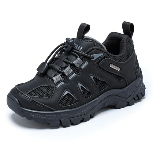 EQW Kids Waterproof Hiking Shoes Lightweight Outdoor Trail Sneakers for Boys & Girls Non-Slip Comfortable Walking Shoes Black