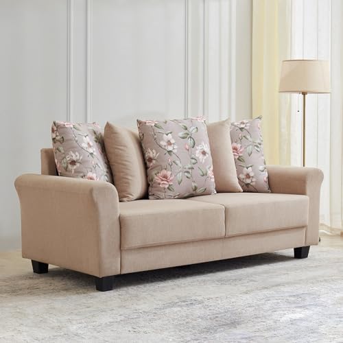 Image of Home Centre | Helios Florence Fabric 3-Seater Sofa with Cushions | Sofa for Living Room | Solid Wood | Beige | 1 Year Warranty